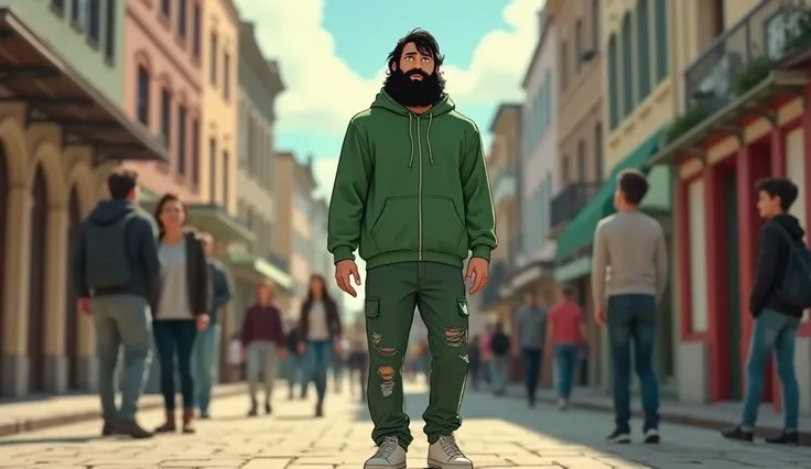 The tall 30-year-old man,  black hair with bangs , Very big beards , You are sad to have a torn and poorly maintained green hoodie, And ripped green pants , dirty white shoes , Is the camera walking in the square , in a setting where everyone on the street...