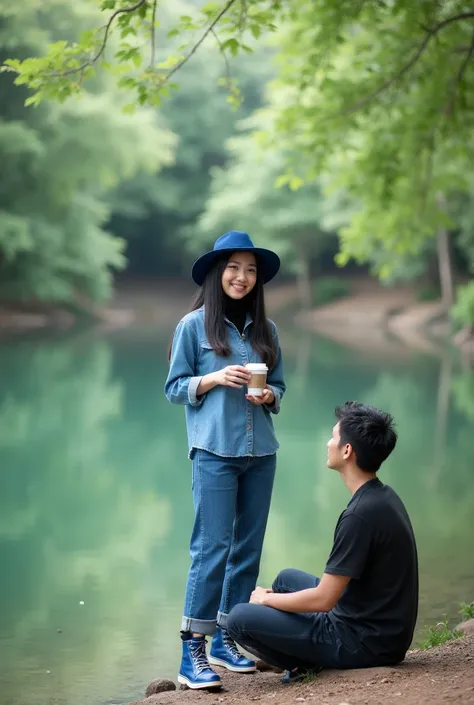 “Quiet outdoor scene, low angle shot of a beautiful  couple. A pakistani-korean-Thai woman Wear the hijab and young thai man are sitting and drinking coffee by a natural pond.the woman has long straight black hair. they wears a cute blue brimmed hat with a...