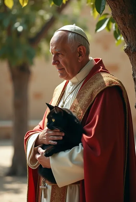 
Side view, Roma Pope of Francis, standing pose,  Society of Jesus  87-age,  smile ,(White hair, serious,  metal cross), tiara, Catholics Pope wear,  holding a black cat, chicken cry 3 time, before dawn, front fig tree , in Jerusalem, AM:6.00, (photographi...