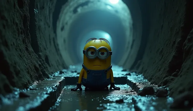 Minion sitting at underground drain at creepy night