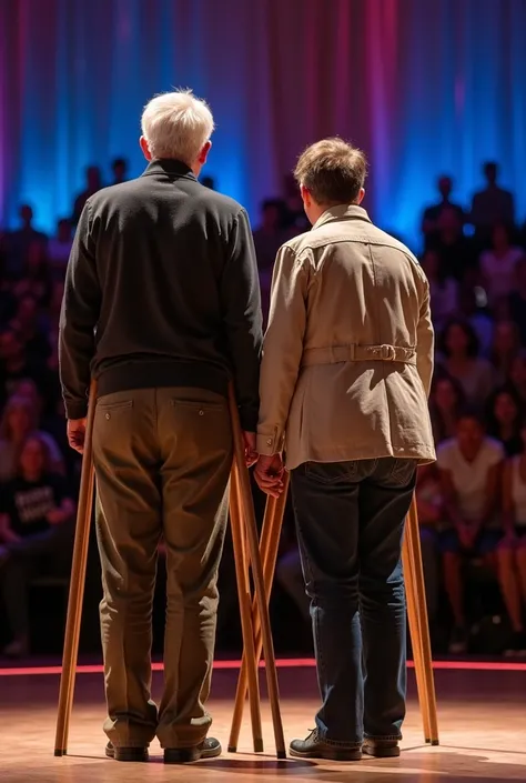 "On the stage of an Americas Got Talent show, an Young man and an young woman stand side by side, their backs bent with the weight of years gone by. Each leans gently on a wooden crutch for support, their faces lined with stories of a lifetime. The spotlig...