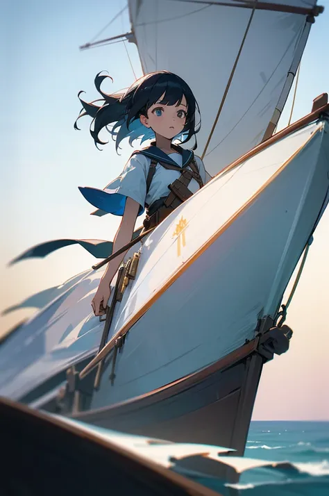 Score_9,Score_8_up,Score_7_up,highest quality anime,masterpiece,extremely detailed,depth of field,high-resolution,1 woman,Adventurer,on the sailboat,looking far away,hope、wind