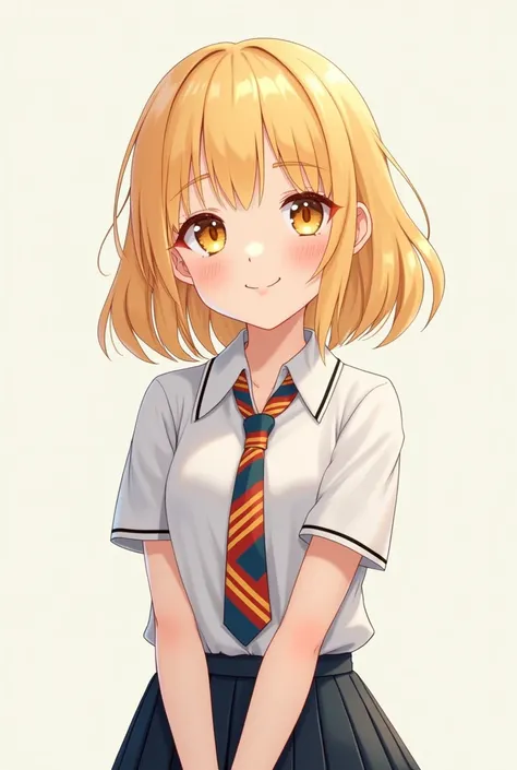 A blonde hair girl with bangs,a cute uniform. 