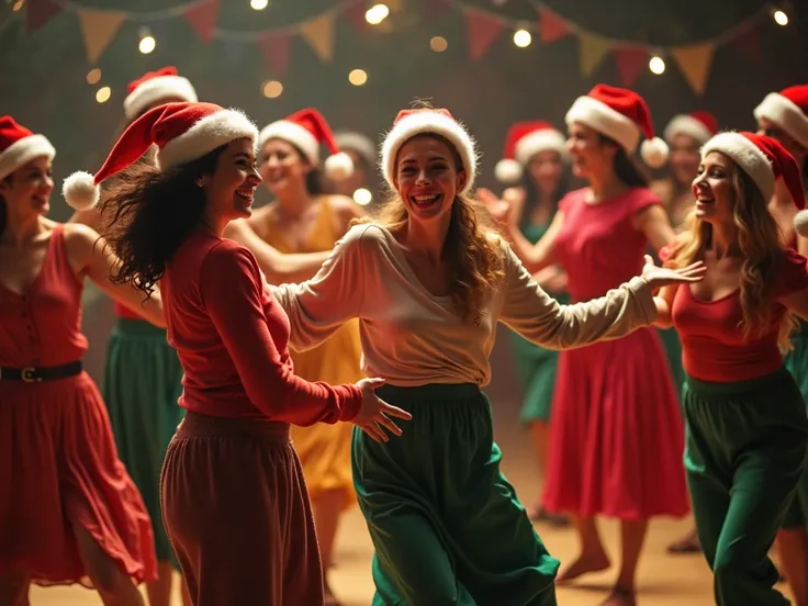 Big group of women dancers of all ages, young ones and middle-aged ones, with Santas hat