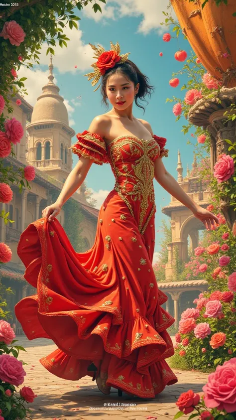 Create a captivating 16K UHD sketch of a mesmerizing flamenco breathtaking fascinating the cutest one of a kind dancer, with bold written ((2025)) Happy New Year,  real lifelike embodying elegance and charm. Picture a beautiful, enchanting woman, close up,...