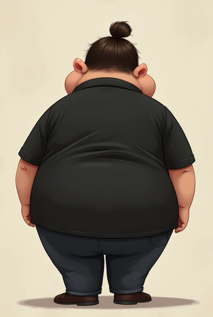 A picture of a round person with his back to the camera wearing a black shirt