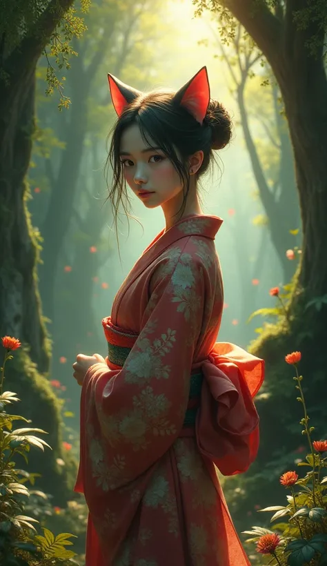 Young woman with cat-like face, facing front, wearing kimono, mysterious forest in background, realistic depiction