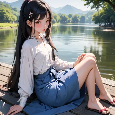 Beautiful slim and small asian woman, age 25. 1girl, tie hair with ribbon at the back of the bottom of hair. sitting cross legs, relexed back on ground by the lake in South East Asia.
Slipper. Beautiful blouse and long skirt. Hair Clip, Blush, 