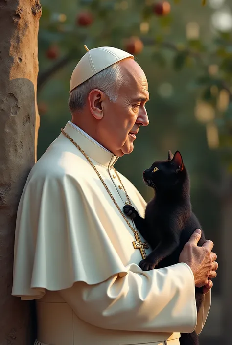 
Side view, Roma Pope of Francis, standing pose,  Society of Jesus  87-age,  smile ,(White hair, serious,  metal cross), tiara, Catholics Pope wear,  holding a black cat, chicken cry 3 time, before dawn, front fig tree , in Jerusalem, AM:6.00, (photographi...