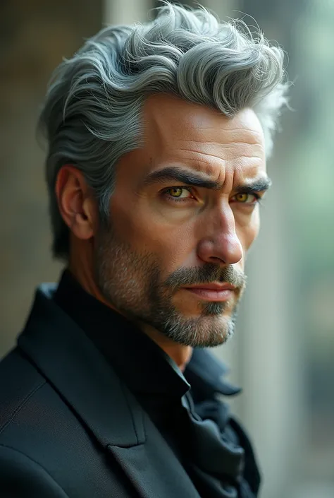 man,  gray hair , yellow eyes, bright skin,  good-looking, Romance,  Modern Fantasy, High Angle Shot , salvation, Dreamy