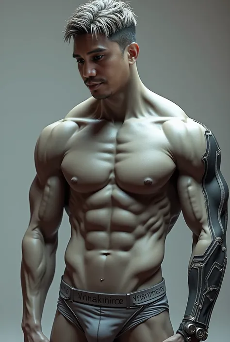 Sculpture design，Figures，GK model，The whole body of the character，Shirtless muscular man,  wearing nothing on upper body,  Expose muscles，base，Wu Yifan，Handsome cybernetic boy looking at camera lingerie detailed muscular reality masterpiece，musculous