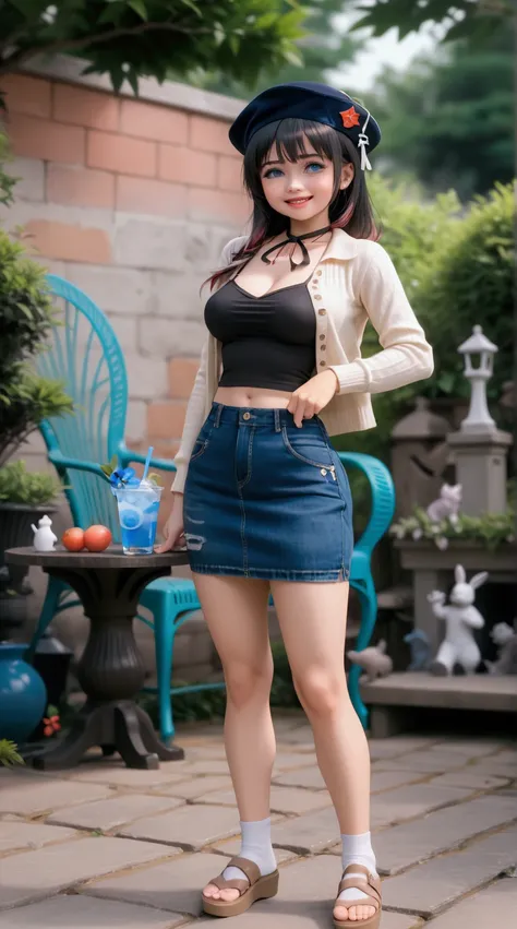 pretty young woman, standing posed on english garden, holding a cup of drink, BREAK, {+forehead, long hair, half up half down, black hair, navy-blue beret }, BREAK, wearing beige long sleeves cardigan, azure and black collared undershirt, multicolored unde...