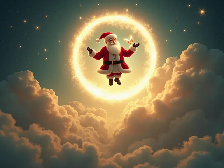 A red disk-shaped circle with Santa Claus above it, holding a butterfly in his hand