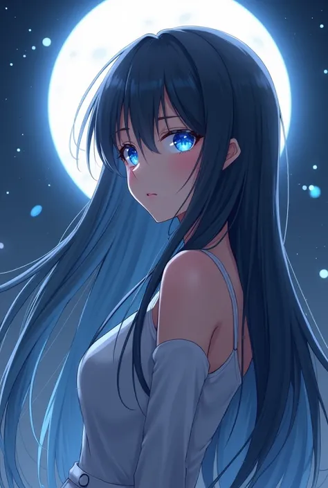 A woman with long hair and blue eyes is standing in front of the moon, beautiful anime portrait,  beautiful anime girl showing bare skin,  amazingly beautiful anime face portrait,  BEAUTIFUL ANIME WOMEN ,   beautiful anime face  ,  Cute Anime Girls,  charm...