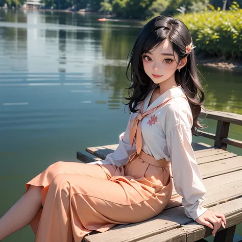 Beautiful slim and small asian woman, age 25. 1girl, tie hair with ribbon at the back of the bottom of hair. sitting cross legs, relexed back on ground by the lake in South East Asia.
Slipper. Beautiful peach colour blouse. Long skirt. Hair Clip, Smile, 