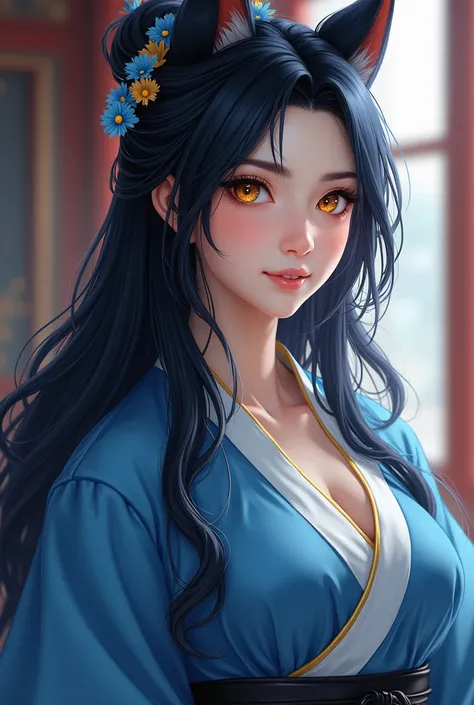  Golden eyes ,  A woman with a male court ,  blue Chinese martial arts clothes, Dark indigo hair,  waist-length hair ,  Long hair on the sides, Big breasts , Height 172cm,  smiley face,  dog eyes ,  no bangs ,  no animal ears, No flowers 