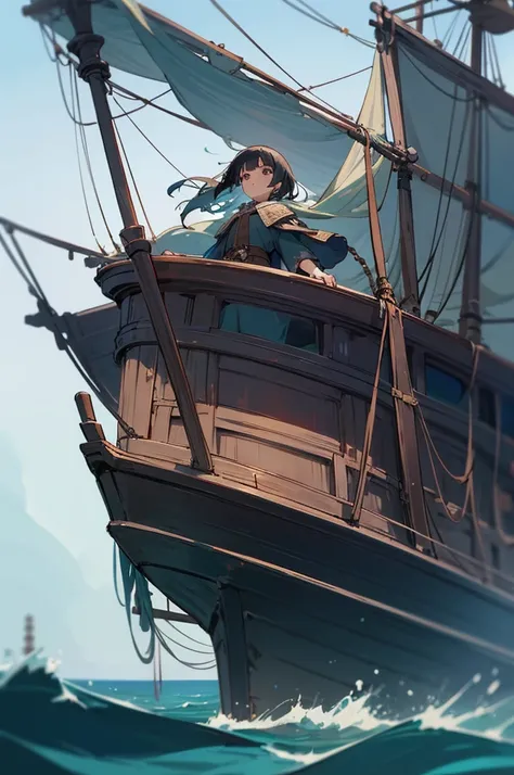 Score_9,Score_8_up,Score_7_up,highest quality anime,masterpiece,extremely detailed,depth of field,high-resolution,1 woman,Adventurer,on the old ship,looking far away,hope、sea,wind,best quality,masterpiece