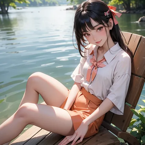 Beautiful slim and small asian woman, age 25. 1girl, tie hair with ribbon at the back of the bottom of hair. sitting cross legs, relexed back on ground by the lake in South East Asia.
Slipper. Beautiful peach colour blouse. Hair Clip, Smile, 