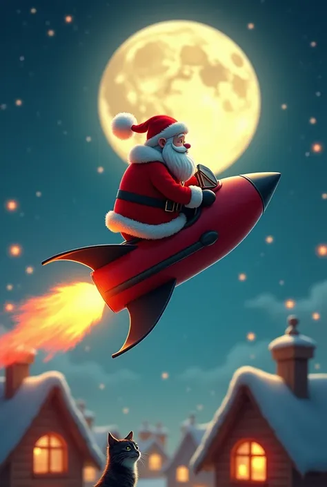 Santa Claus piloting a small red rocket with black details, sitting in a cabin on top as if riding it like a horse. The rocket is flying through a starry sky with a giant, glowing moon in the background. Below, rooftops of a lit-up village with a curious c...