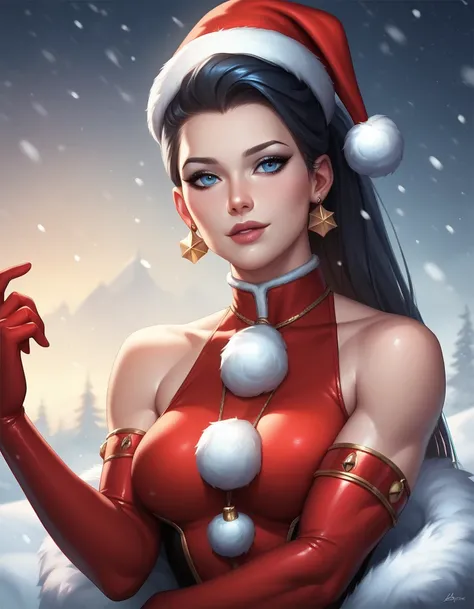 female sleeveless catsuit, bare shoulders, racerback, long gloves, toned arms, beautiful faces, black ponytail with showing forehead, long ponytail, earrings, soft smooth skin, pale skin, winter city background, blue eyes, sci-fi, high contrast, christmas,...