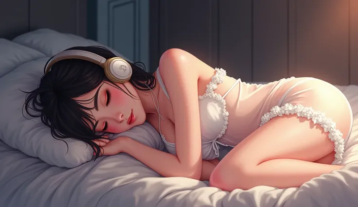 Beautiful young woman lying flat on the bed, wearing headphones, big breasts, Wear white see through sleepwear, Close eyes and sleep, Animated anime style, Dim light