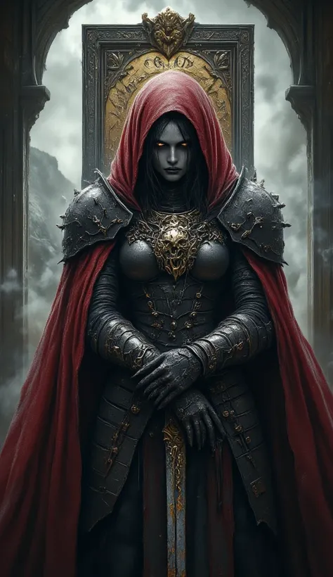 (full body shot:1.4),dark fantasy,horror,realistic,female warrior woman from mountains, dark heavy armor, spooky armor, dark red cloak, wild animal skin trim, detail trim,dark ornaments, skulls and bones, dark aura,detailed face,detailed eyes,detailed lips...