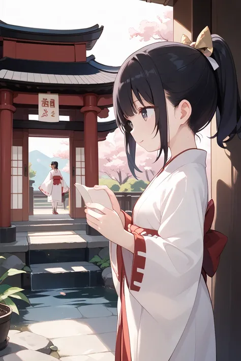  manga 、Shrine maiden、 black hair、 ponytail、 its falling