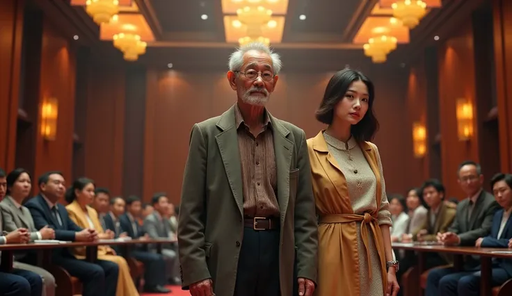 Create a hyper-realistic and highly detailed digital artwork featuring a 70-year-old Vietnamese millionaire dressed in old, worn-out clothes standing prominently in the middle of a modern auction hall during a high-stakes land auction in Vietnam. Beside hi...