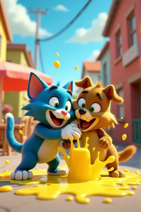  Tom ( blue cat cartoon) accidentally crashes into Oggy, ( olive cat cartoon)spilling lemonade.
everywhere. 3d