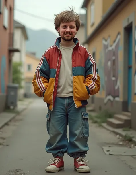 A European-looking teenage boy with short, light brown hair (closer to soft brown), depicted in the style of a 1990s Russian youth. He wears slightly oversized, mismatched clothing: a faded, loose-fitting tracksuit jacket with bold stripes, a worn T-shirt ...