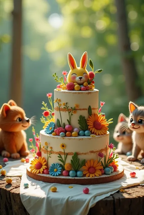 Dog and cat at a table and in front of them a cake for animals with a beautiful design 