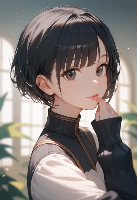 {masterpiece},{ top quality },{ 1 girl},  cute,  wonderful,  beautiful detailed eyes,  dark eyes,  short hair,  black hair,Detailed description, depth of field , highly detailed CG with long hem and sleeves, original ,  Extremely High Definition Wallpaper ...