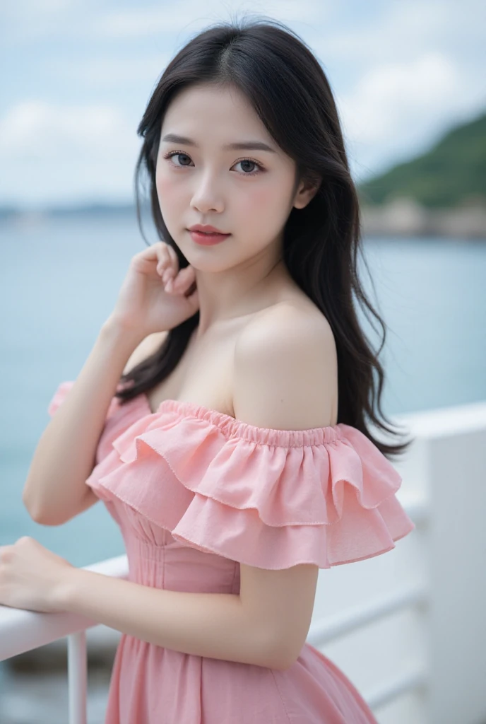  A Japanese woman in a cute dress, Real fine skin pores ， Beautiful detailed big eyes ,  Beautiful detailed lips ,  extremely detailed face , Long eyelashes, Detailed dress ,  Lovely expression , Standing in a seaside environment,  blurry background ,  nat...