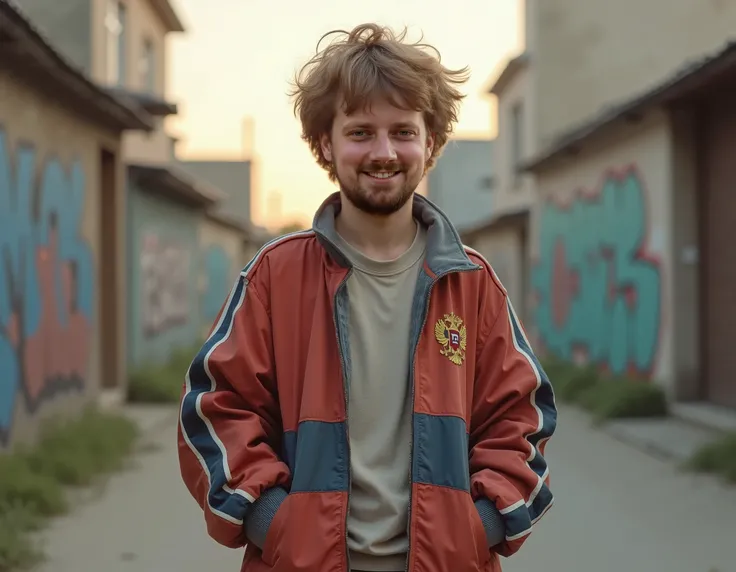 A European-looking teenage boy with short, light brown hair (closer to soft brown), depicted in the style of a 1990s Russian youth. He wears slightly oversized, mismatched clothing: a faded, loose-fitting tracksuit jacket with bold stripes, a worn T-shirt ...