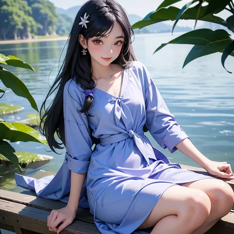 Beautiful slim and small asian woman, age 25. 1girl, tie hair with ribbon at the back of the bottom of hair. sitting cross legs, relexed back on ground by the lake in South East Asia.
Slipper. Beautiful lavender blue colour dress. Hair Clip, Smile, 