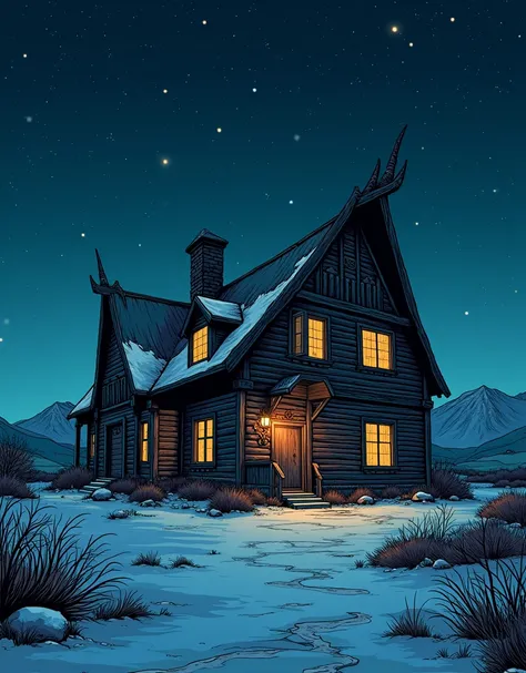  Comic-style image. a Viking mansion ,  uncluttered around him .  at night, Norway