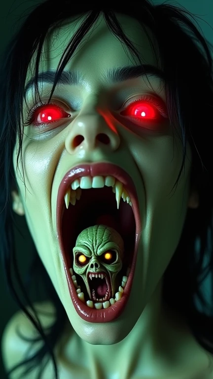  Detailed image analysis
The image depicts a female creature with a horrendous and supernatural appearance.  Her eyes glow in deep red ,  with small, striking pupils ,  transmitting a terrifying and demonic expression .  The skin is pale and slightly green...