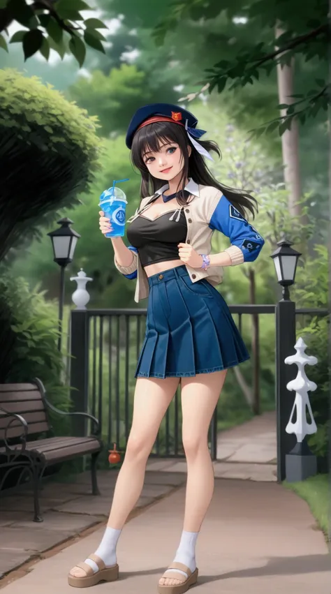 pretty young woman, standing posed on english garden, holding a cup of drink, BREAK, {+forehead, long hair, half up half down, black hair, navy-blue beret }, BREAK, wearing beige 3-4 sleeves cardigan, (azure and black collared undershirt, multicolored unde...