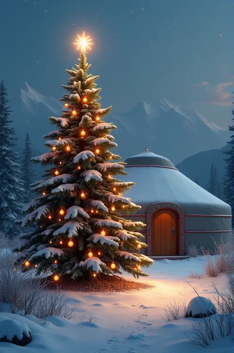 A cristmas tree in front of a yurt