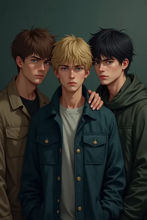 a group of friends : serious brown-haired rude boy . Another angry blond Russian black-haired boy and another serious Asian boy
All in dark clothes. 