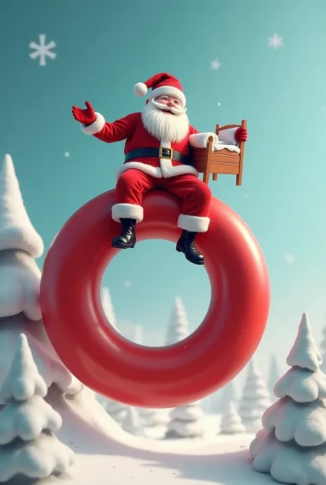 A red circle in the shape of a ring, above which Santa Claus sits, holding his bed in his hand