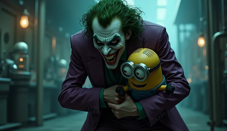 creepy joker captured Minion in his hand and entering in a creepy science lab at creepy night