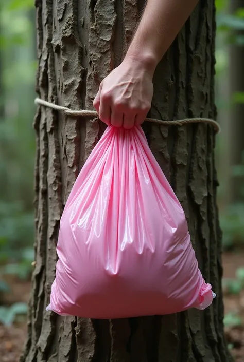 hand holding pink plastic trash bag attached to a standing tree trunk