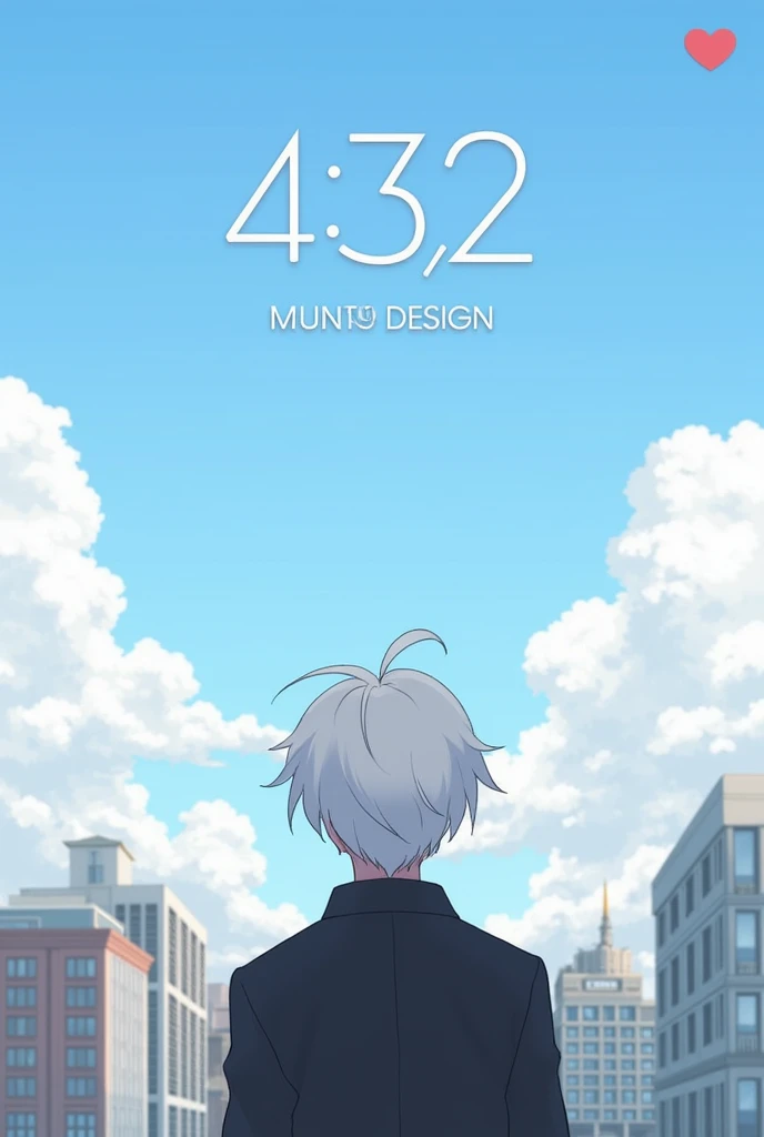 fake_screenshot, sky, phone_screen, 1boy, cloud, gojou_satoru, male_focus, white_hair, from_behind, solo, blue_sky, scenery, day, outdoors, short_hair, facing_away, chat_log, building, city, cityscape, jacket, cloudy_sky, english_text, heart, user_interfac...