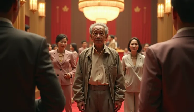 Create a hyper-realistic and cinematic digital artwork featuring a 70-year-old Vietnamese millionaire dressed in simple, worn-out clothing, standing confidently in the center of a luxurious auction hall. Behind him stands his 60-year-old Vietnamese female ...