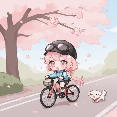 girl, , ,chibi,cute,   puppy, sakura, , pastel, driving bicycle