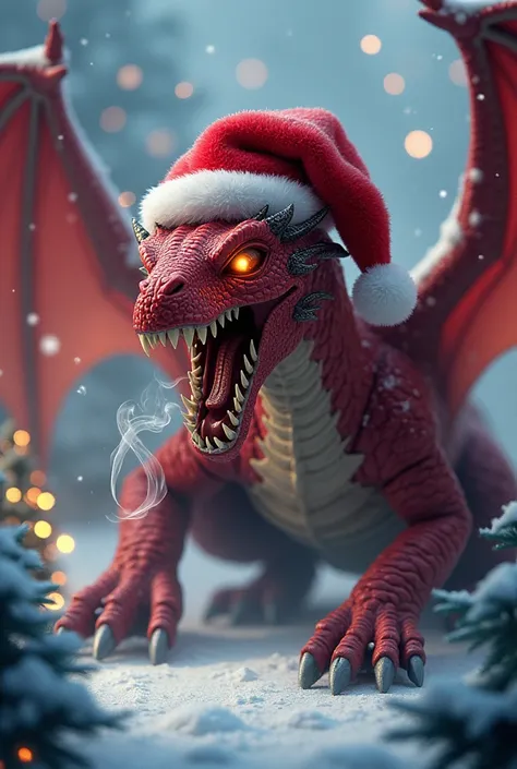 A dangerous  red dragon christmas cap on head