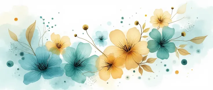 A beautiful watercolor illustration featuring abstract teal and gold flowers isolated on a white background