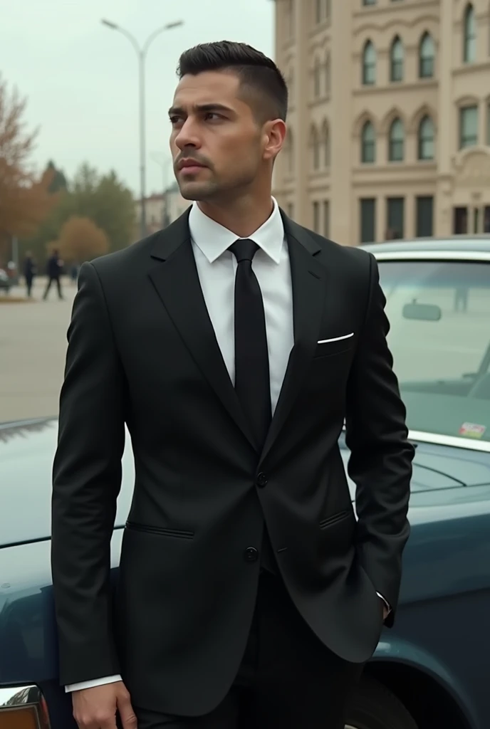 arafed man in a suit and tie standing next to a car, a photo by Robbie Trevino, tumblr, conceptual art, suit and tie, wearing a black suit, wearing business suit, wearing black suit, wearing black business suit, man in black suit, wearing causal black suit...