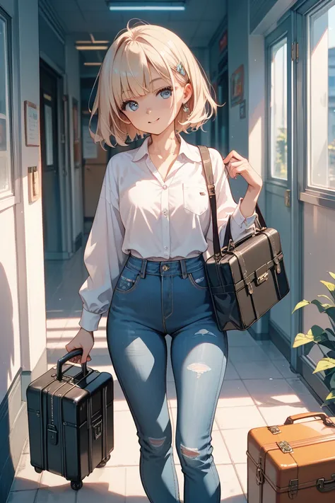 young schoolgirl in jeans with briefcase